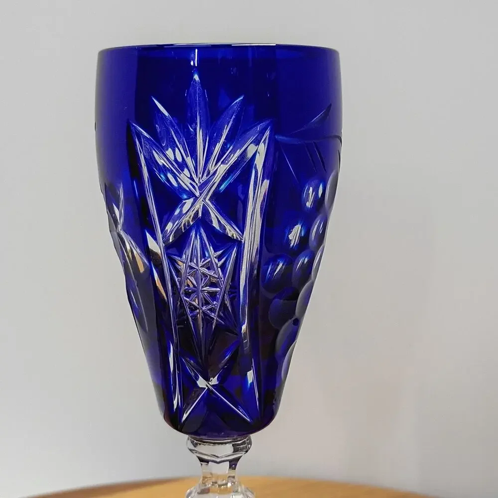 Bohemian Cut To Clear Crystal Wine Hock Cobalt Blue Etched